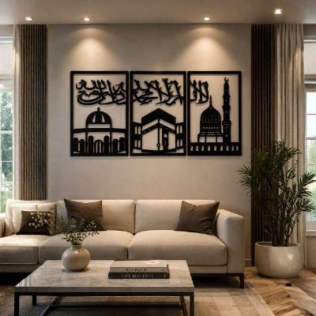 Living room with a beige sofa, coffee table, and decorative wall art.
