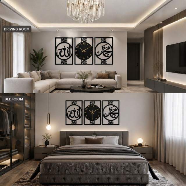Modern bedroom with a chandelier, wall art, and a bed.