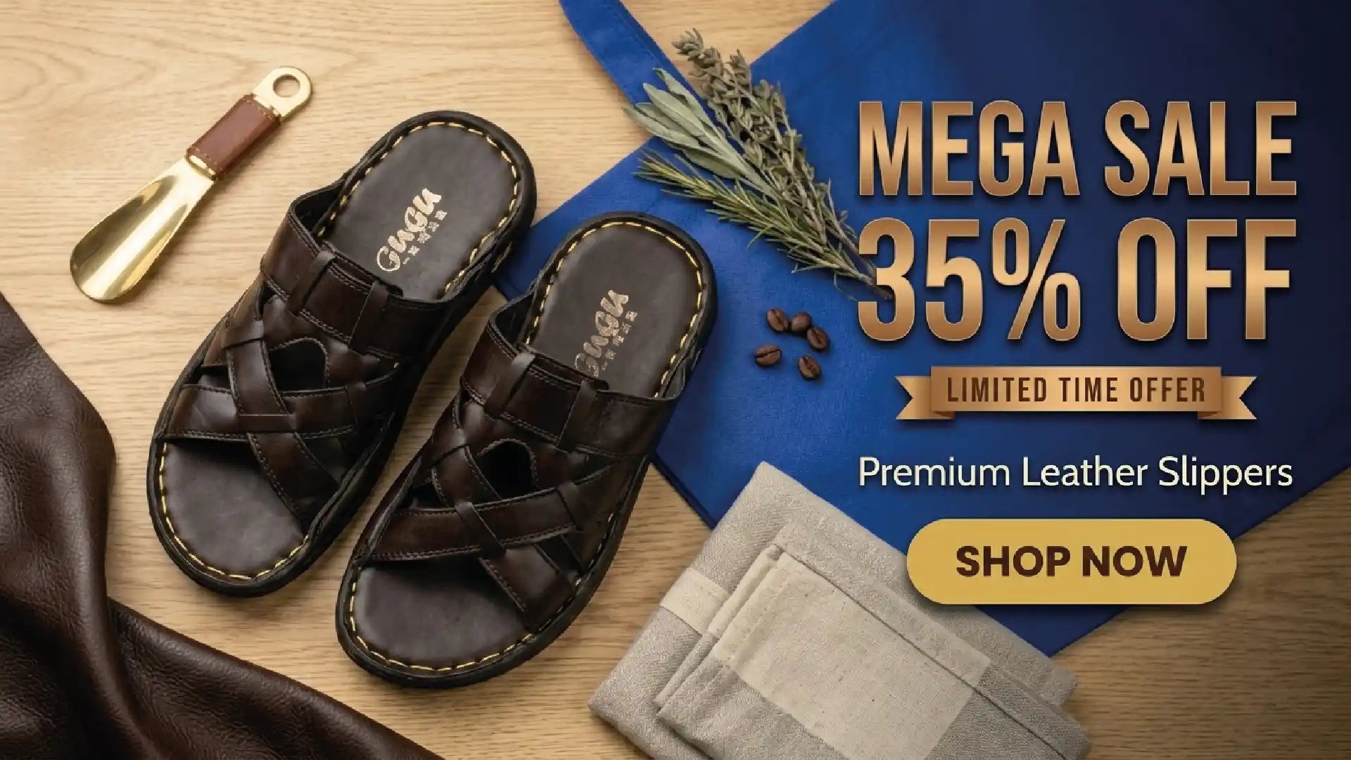 A pair of dark brown leather slippers with woven straps, displayed on a wooden surface alongside a gold spoon, blue fabric, coffee beans, and a gray cloth. Promotional text on the right reads 'MEGA SALE 35% OFF' and 'Premium Leather Slippers' with a 'SHOP NOW' button.