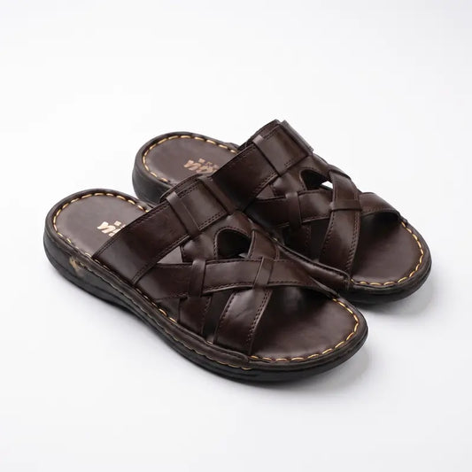 A pair of dark brown leather slide sandals with woven straps and contrast stitching, displayed on a clean white background.