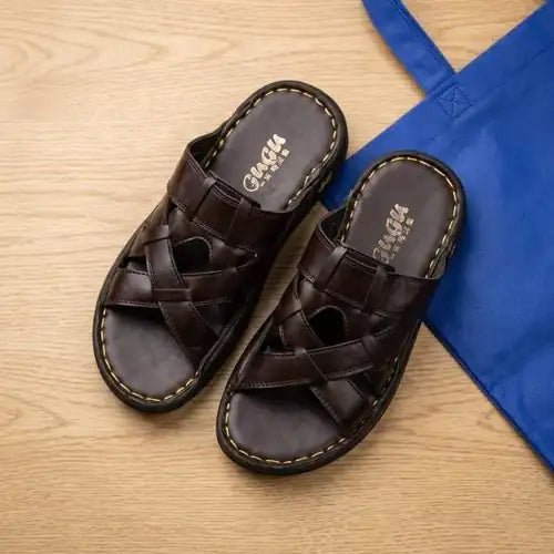 Men's brown leather fisherman-style slippers with cross-weave design - Flexa Footwear