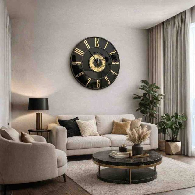 Decorative wall clock in a living room setting with a sofa and coffee table.
