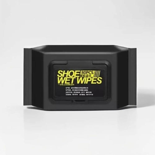 Black container of shoe wet wipes with yellow text on a white background