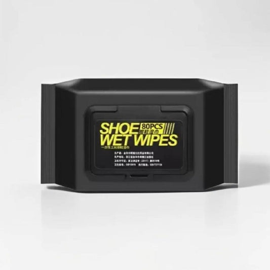 Black container of shoe wet wipes with yellow text on a white background