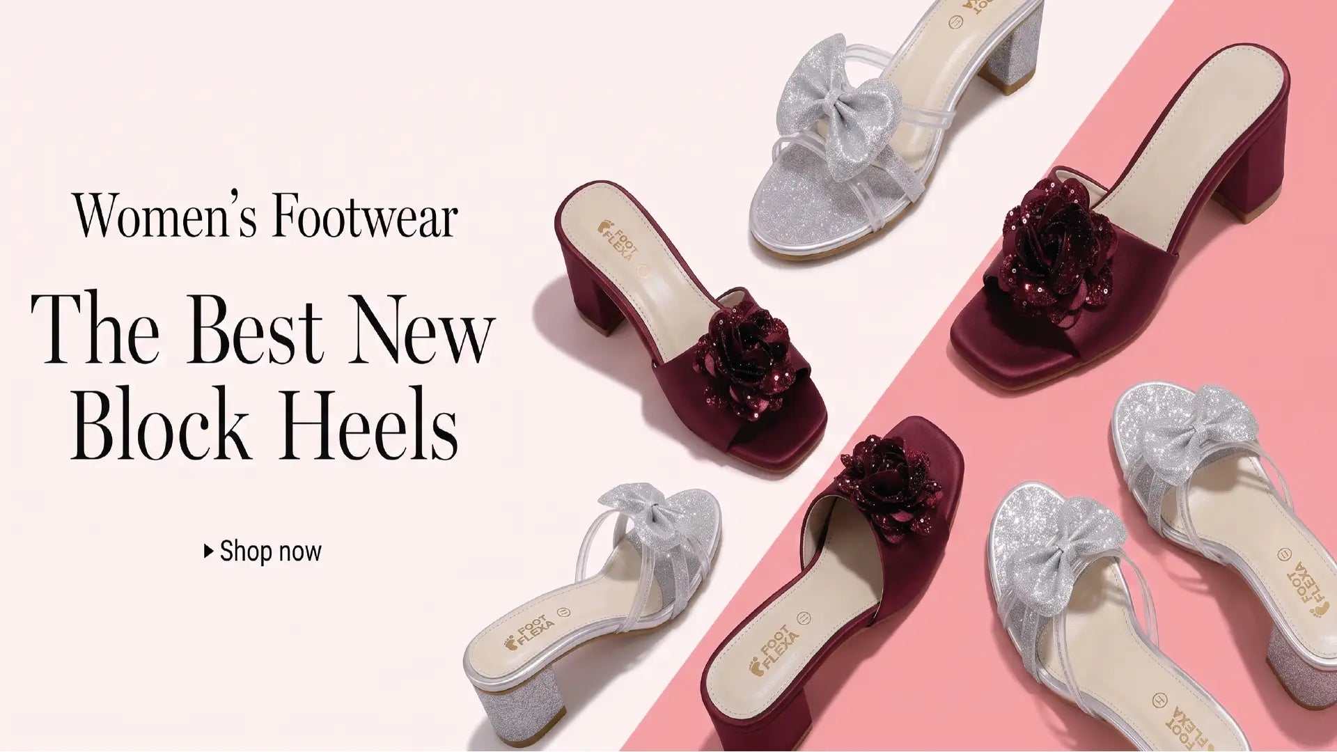 A promotional layout for women's footwear showing several block-heel mule sandals in two colorways: metallic silver with bow details and deep burgundy with sequined floral embellishments. The image is split diagonally with text on the left reading 'Women's Footwear The Best New Block Heels' and a 'Shop now' link.