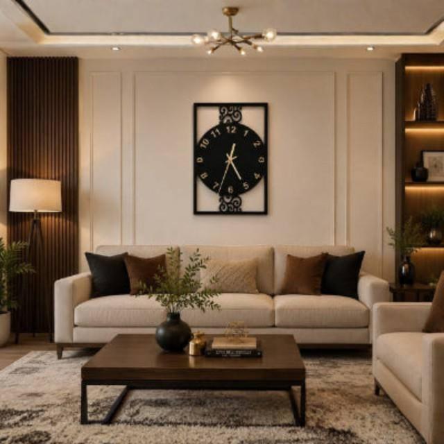 Modern living room with beige sofa, wooden coffee table, and decorative clock on wall.