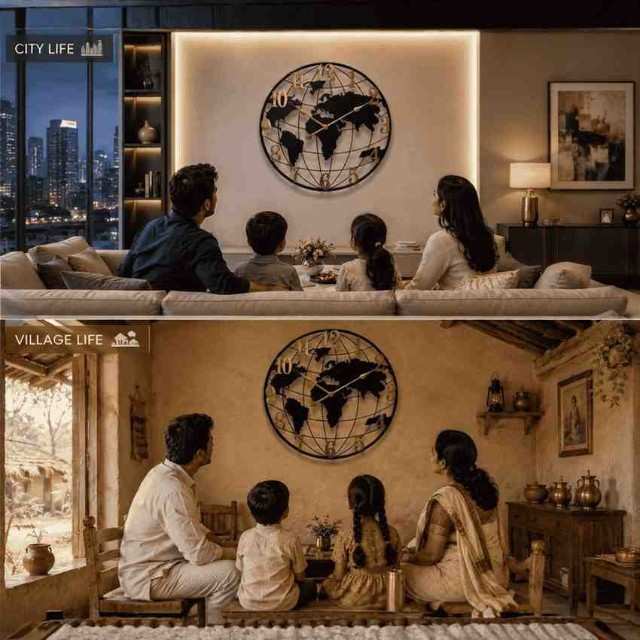 Two different settings showing a family in a modern city apartment and a traditional village home, both with a world map clock.