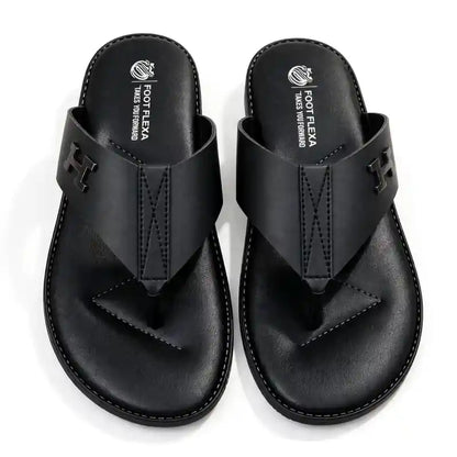 A pair of black leather thong sandals with a prominent 'H' logo on the strap, displayed from a top-down view on a white background.